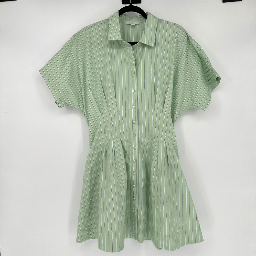 Free Assembly Green Stripe Button Front Mini Shirt Dress Corset Pleated Pintuck